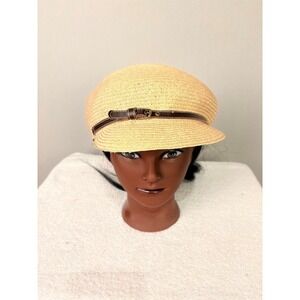 Nine West Straw Baker Boy Cap Hat Brown Buckle Accent Tan